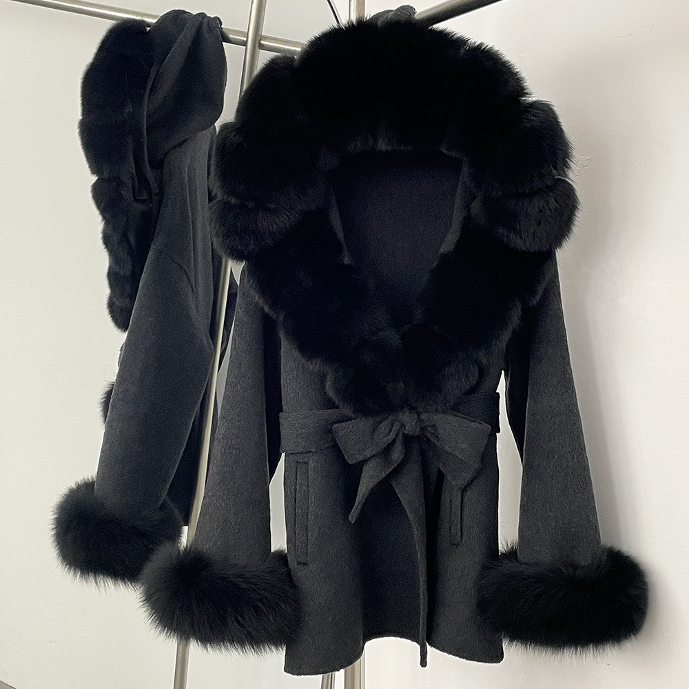 Petite High-End Feel Winter New Oversized Fox Fur Collar Double-Sided Wool Coat Womens Woolen Jacket