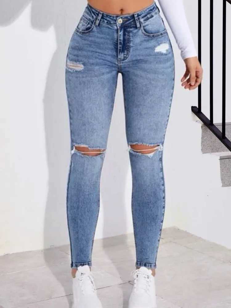 Blue stir-fried snowflake fashionable hole tight-fitting small-leg jeans R250716