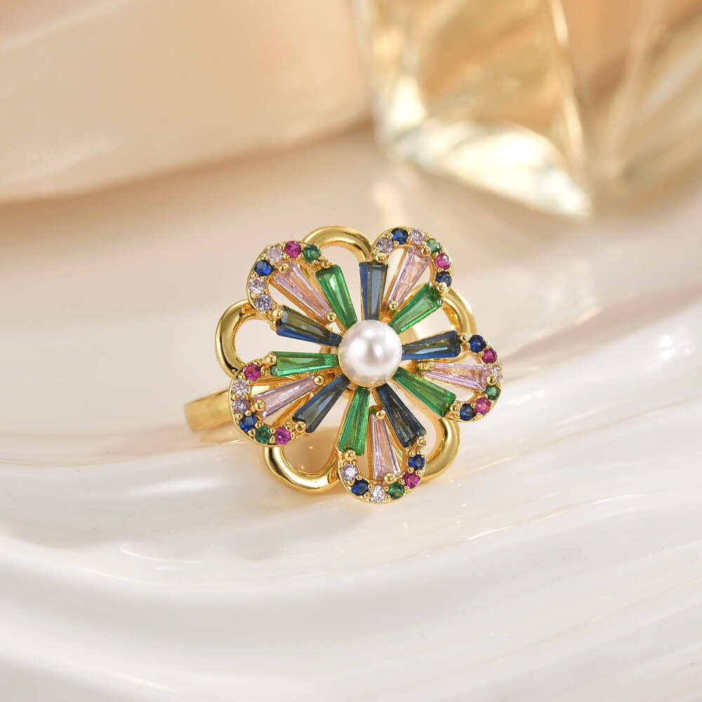 Real Gold Color Retention Lucky Clover Korean Style Inlaid Diamond Fortune Rotating Fashion Adjustable Open Ring D53