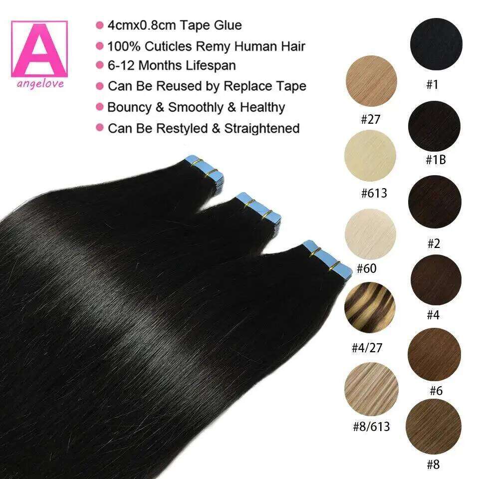 Tape In 100% Real Remy Brazilian Human Hair Straight Extensions Skin Weft Adhesive Glue On Salon Quality For Woman