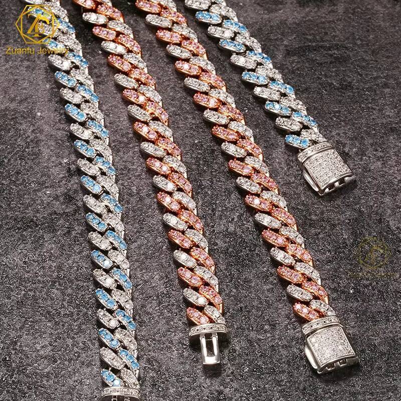 Wholesale Jewelry 8MM Gold Silver Rainbow Pink Blue VVS Moissanite Diamond Cuban Chain Miami Cuban Chain