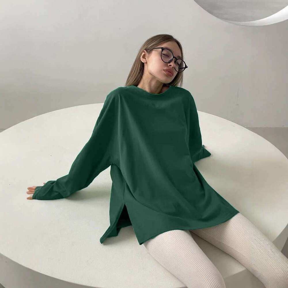 Style Loose Long Sleeve Split T-Shirt For Women, Solid Color 100% Cotton Top, Spring Summer Women's Clothing B5
