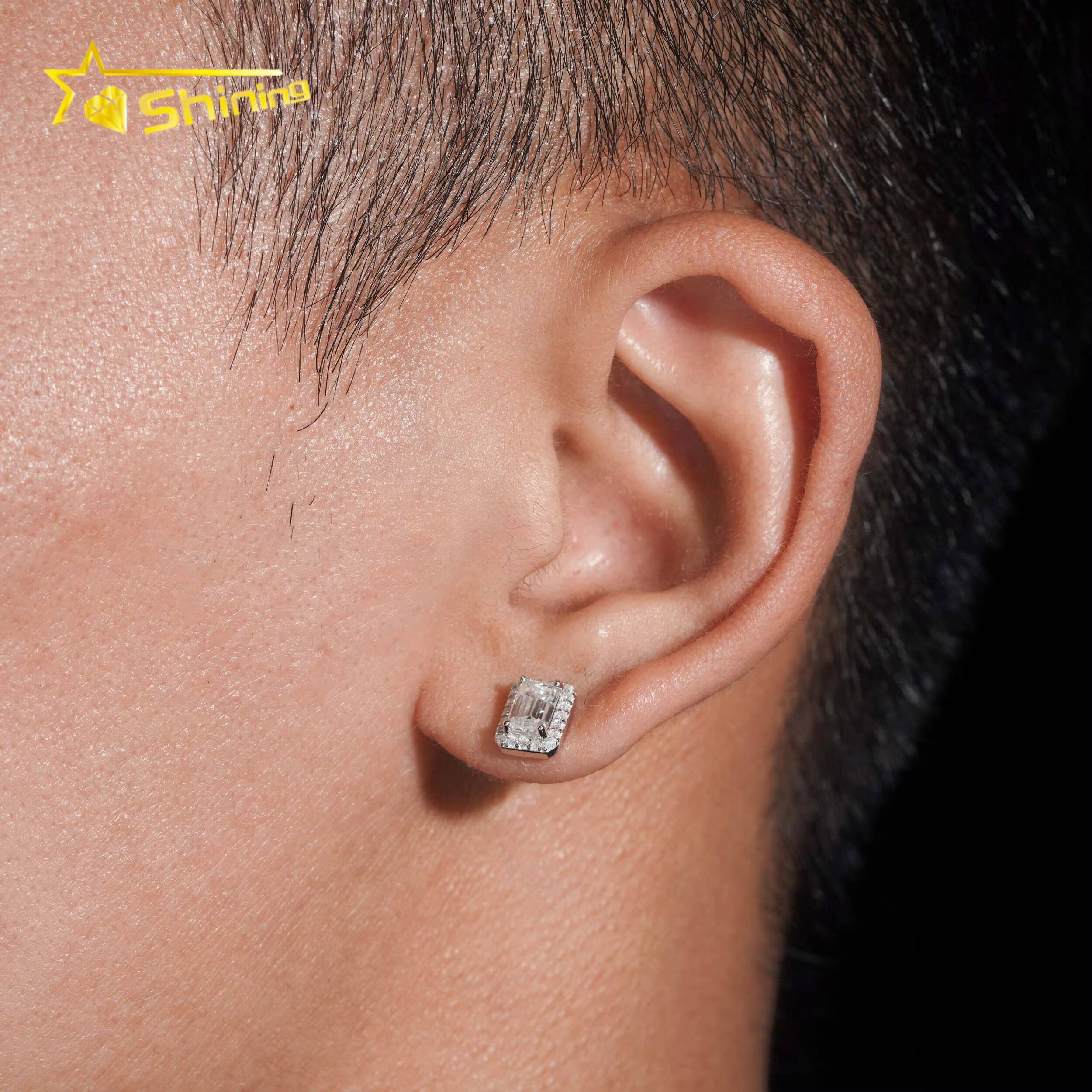 Emerald Cut Halo Earring Hip Hop Jewelry Iced Out VVS Diamond Moissanite White Gold Plated 925 Sterling Silver Stud Earrings