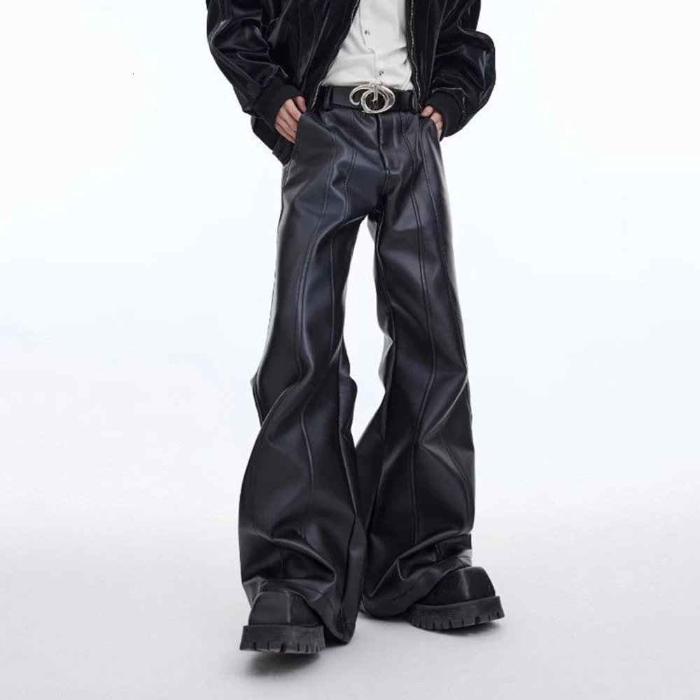 Mens Pu Leather Pants ThreeDimensional Deconstruction Plain Trousers Street Wear Youth Campus Niche Casual MenS Clothing y250704
