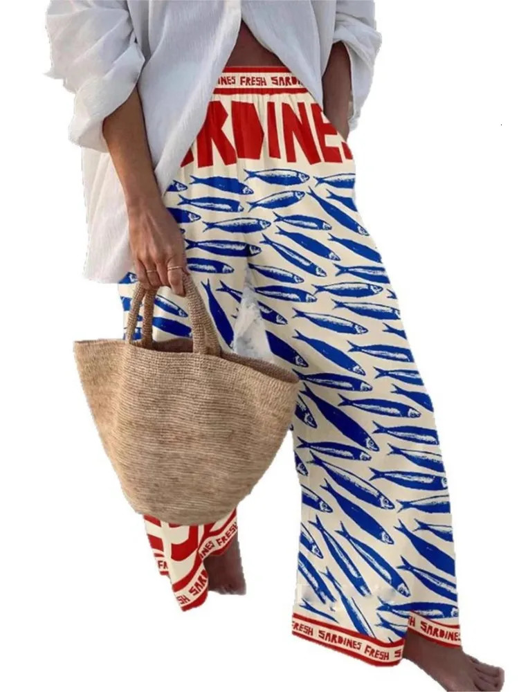 Spring Summer Casual Trousers Loose Sports Wideleg Pants Women Vintage Print Beach Party Holiday Long Clothes 250717