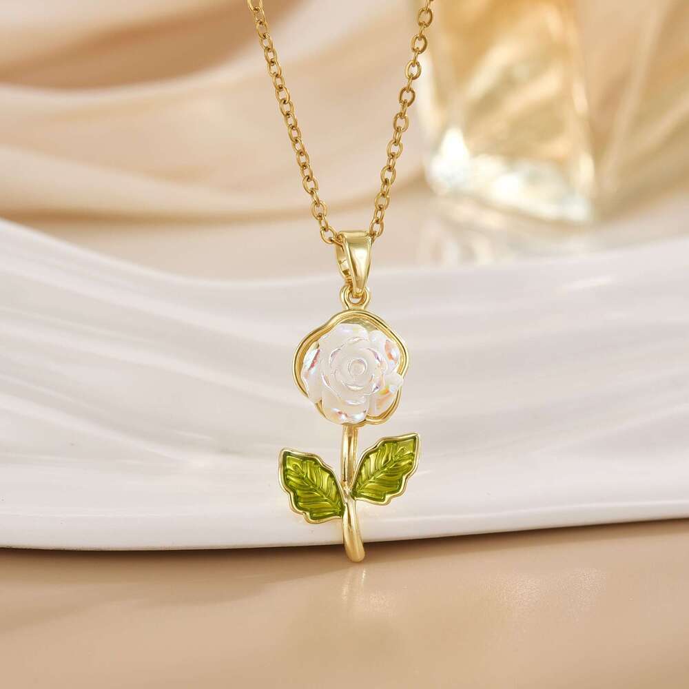 Oil Drop Micro Paved Zircon Colorful Flower Tulip Rose Pendant Necklace For Women Light High-End Feel 3B0