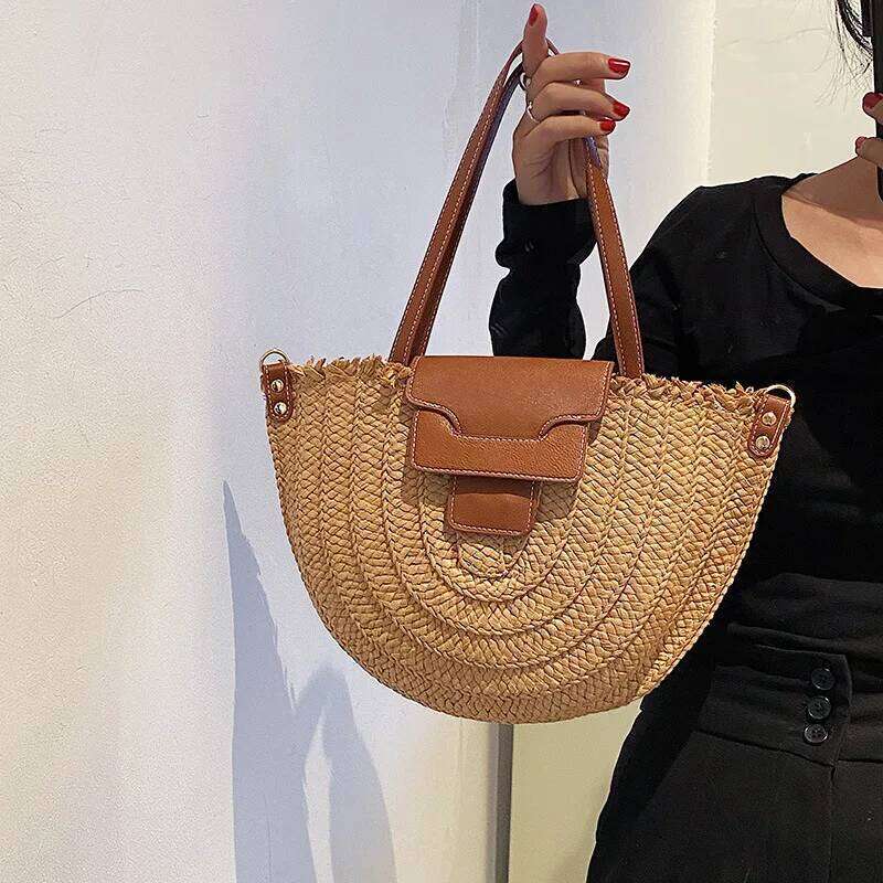 Women Summer Straw Bag Woven Beach Shoulder Bags Casual Designer Saddle Shopper Totes Female Large Capacity Travel Handbag Bolsa