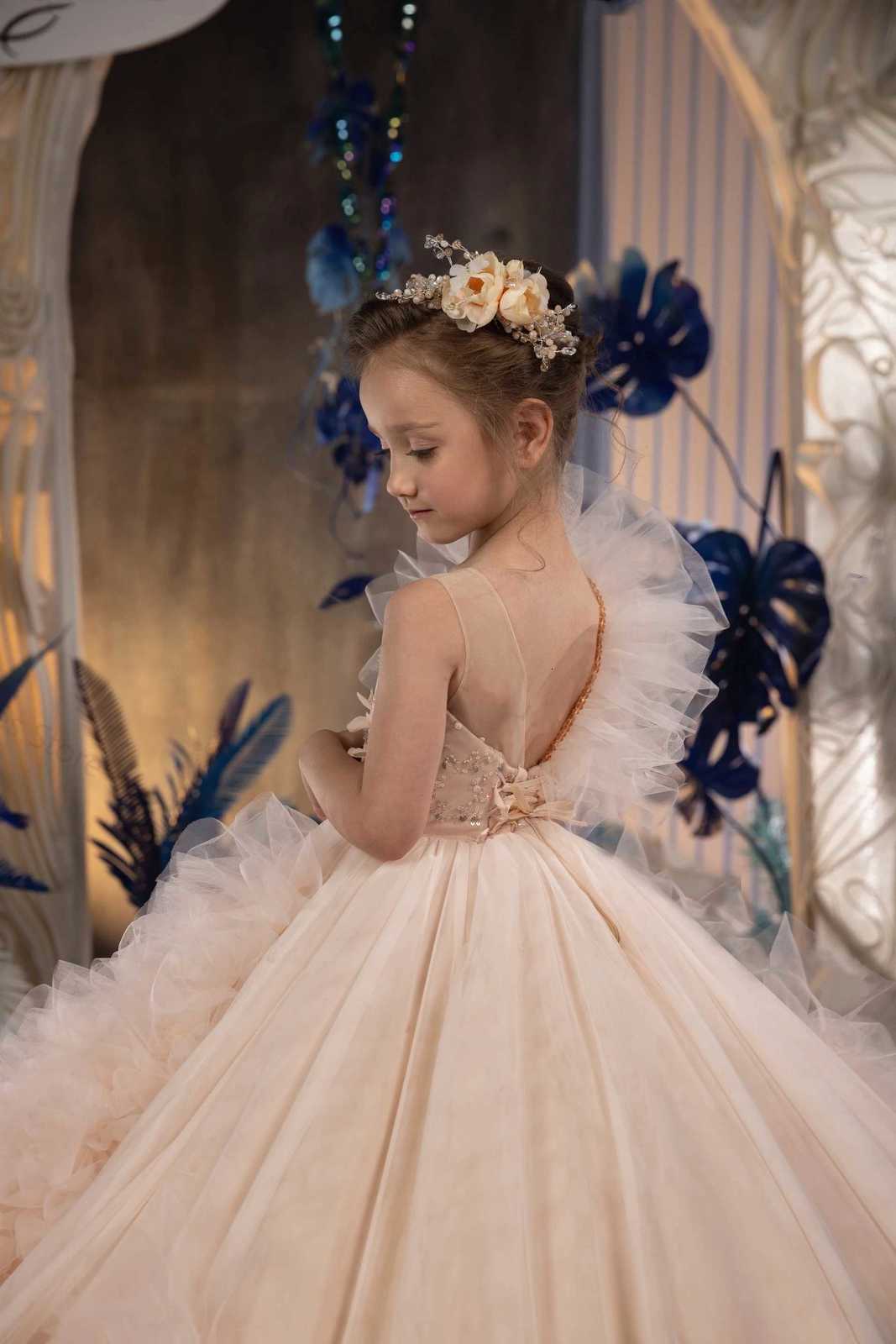 Blush Pink Flower Girl Dress For Wedding Puffy Sequins Applique Tiered Sleeveless Kids Birthday Gowns Luxury Princess Dress Z250716