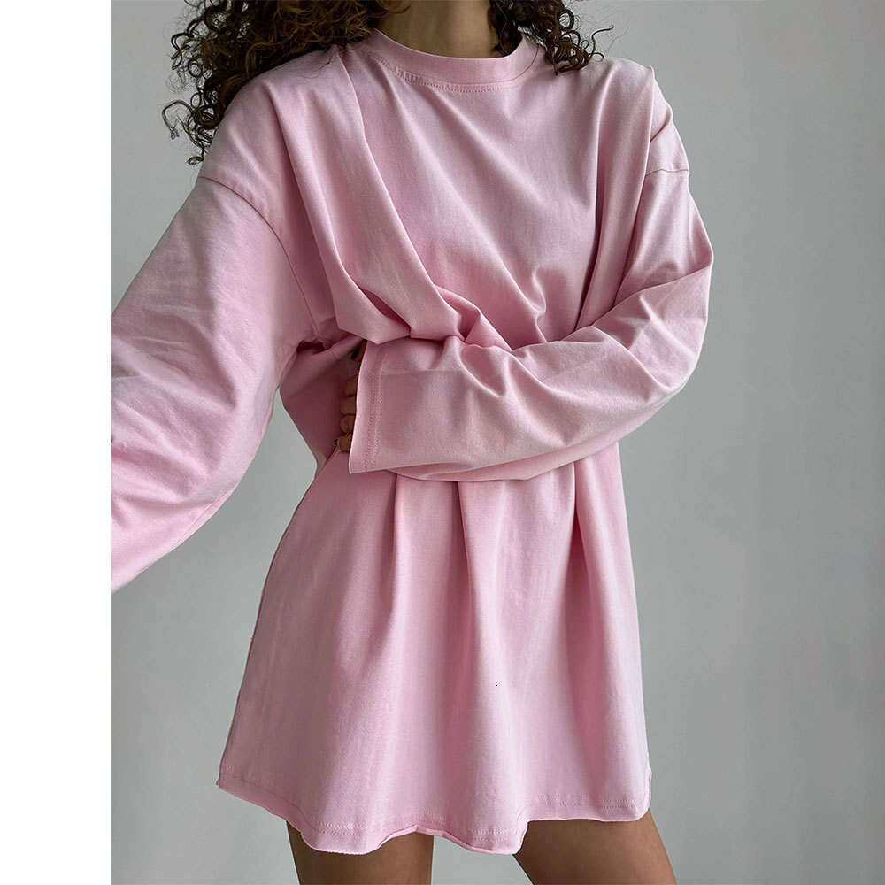 100% Cotton T-Shirt For Women Spring New Loose Solid Color Oversize Round Neck Long Sleeve Tee B5