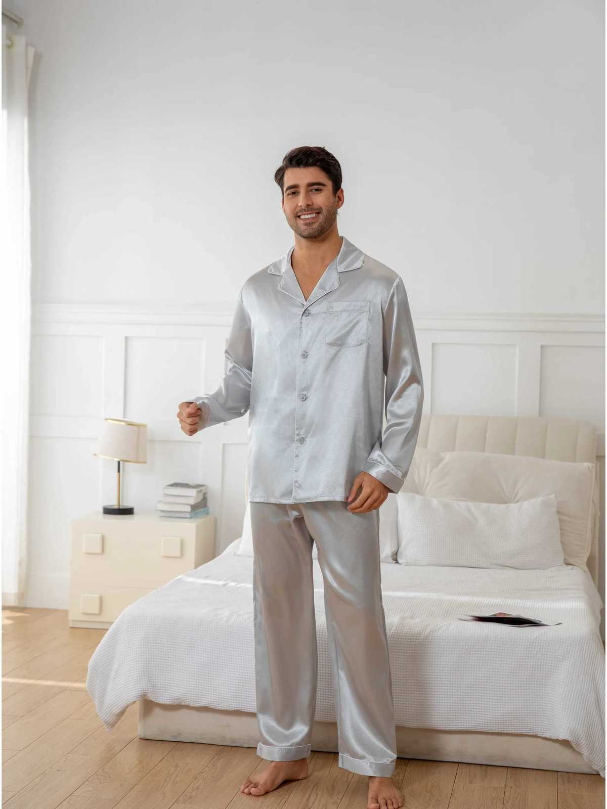 Mens Pajama Set Spring/Summer New Satin Solid Color Casual Button Down Shirt Elastic Waistband Long Pants Pajamas for Home W250717