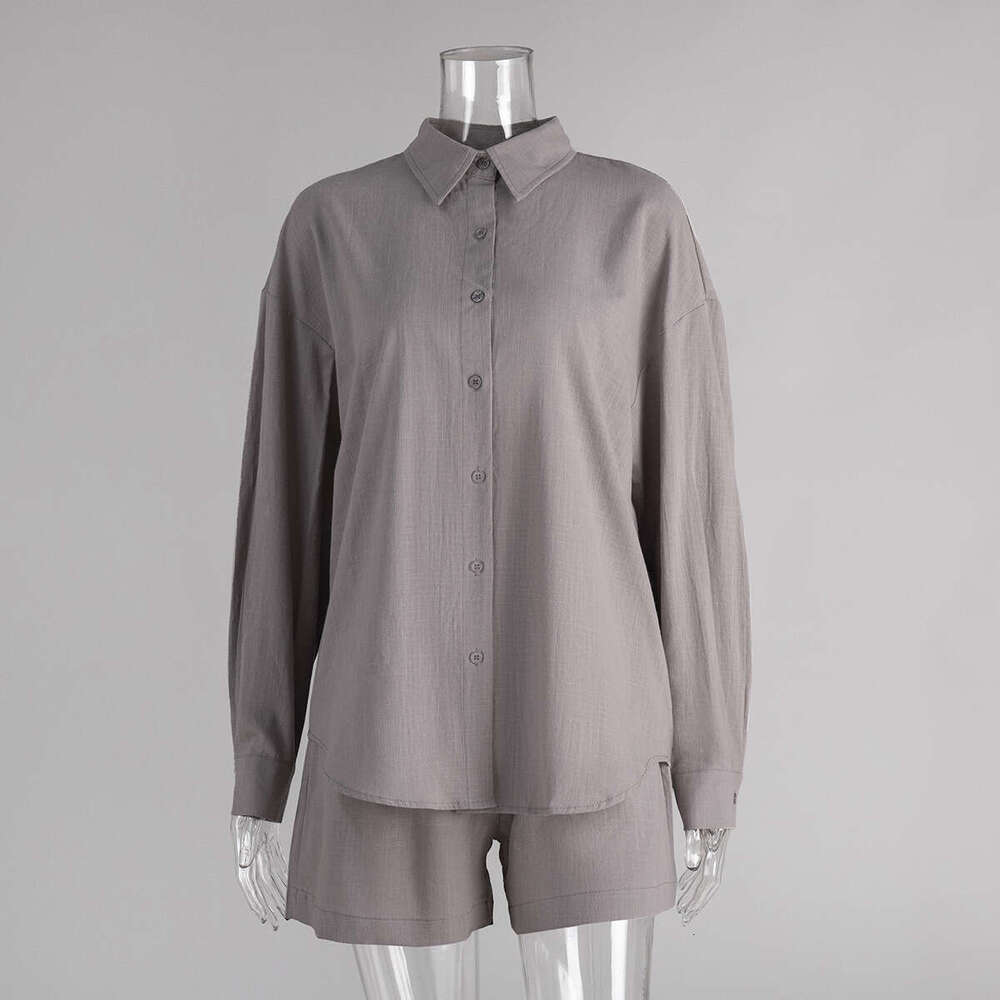 Pure Cotton Cardigan Long Sleeve Shorts Set Spring Summer Casual Solid Color Style Women's Outfit B5