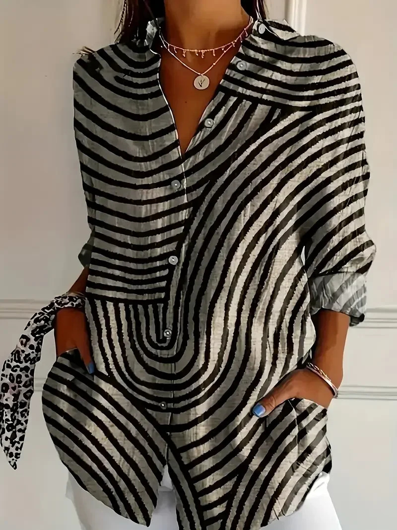 Plus Size 1XL5XL Womens Fashion Chic Zebra Print Blouse Ladies Casual Long Sleeve ButtonUp with Lapel Collar Shirt 250704