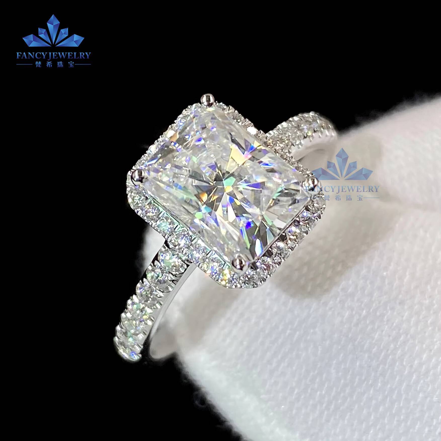 14K 18K Solid White Gold Radiant Moissanite Engagement Halo Rings for Women and Men 2CT Radiant Cut 6x8mm for Anniversaries