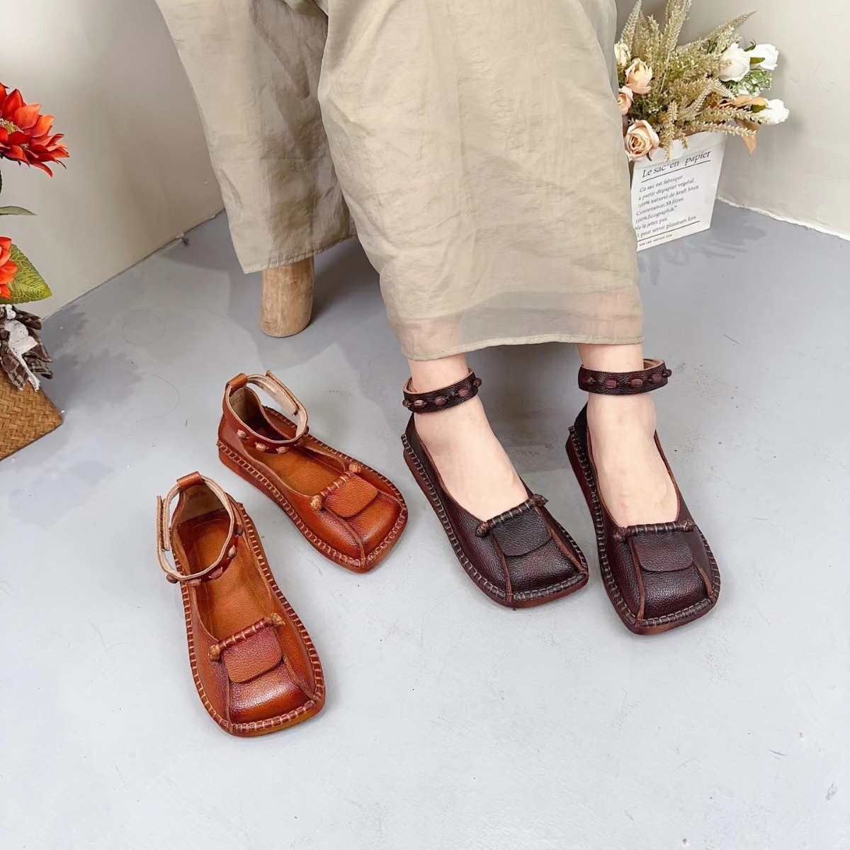 2024 Spring Genuine Leather Handmade Women's Shoes Ethnic Style Soft Sole Closed Toe Ankle Strap Velcro Women ddmysaturn