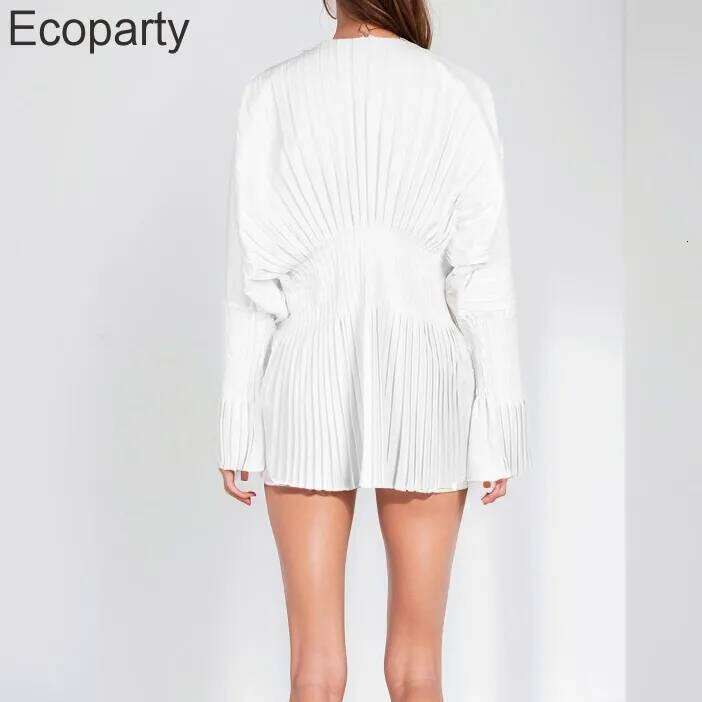 Women Loose White V-Neck Pleated Shirts Elegant Casual Chiffon Shirt Ladies Lantern Full Sleeve Tops Blouses 2024