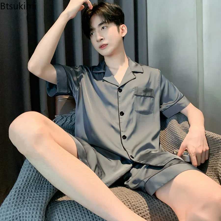 2025 Mens Pajama Sets Silk Satin Pajamas Turn-down Collar Sleepwear Short Sleeve Summer Nightwear Male 2 Pieces Sets Homewear W250717