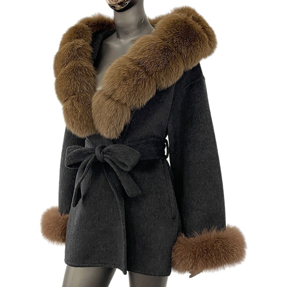 Petite High-End Feel Winter New Oversized Fox Fur Collar Double-Sided Wool Coat Womens Woolen Jacket