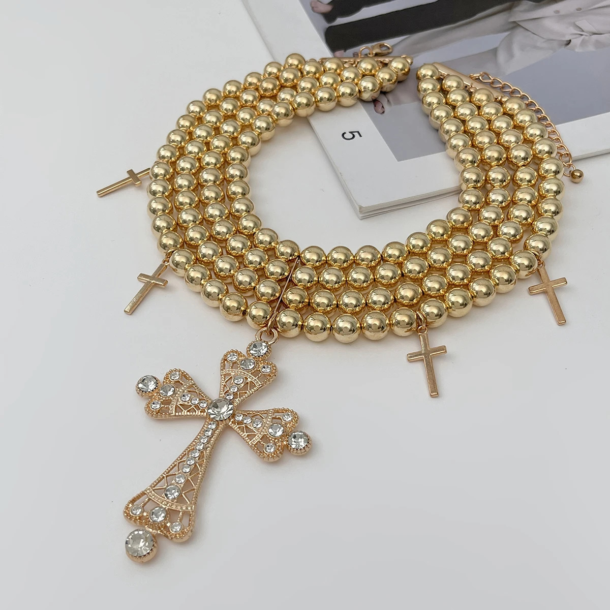 Salircon Exaggerated Inlaid Rhinestone Big Cross Pendant Necklace Women Multilayer Aesthetic CCB Beaded Choker Jewelry 250716