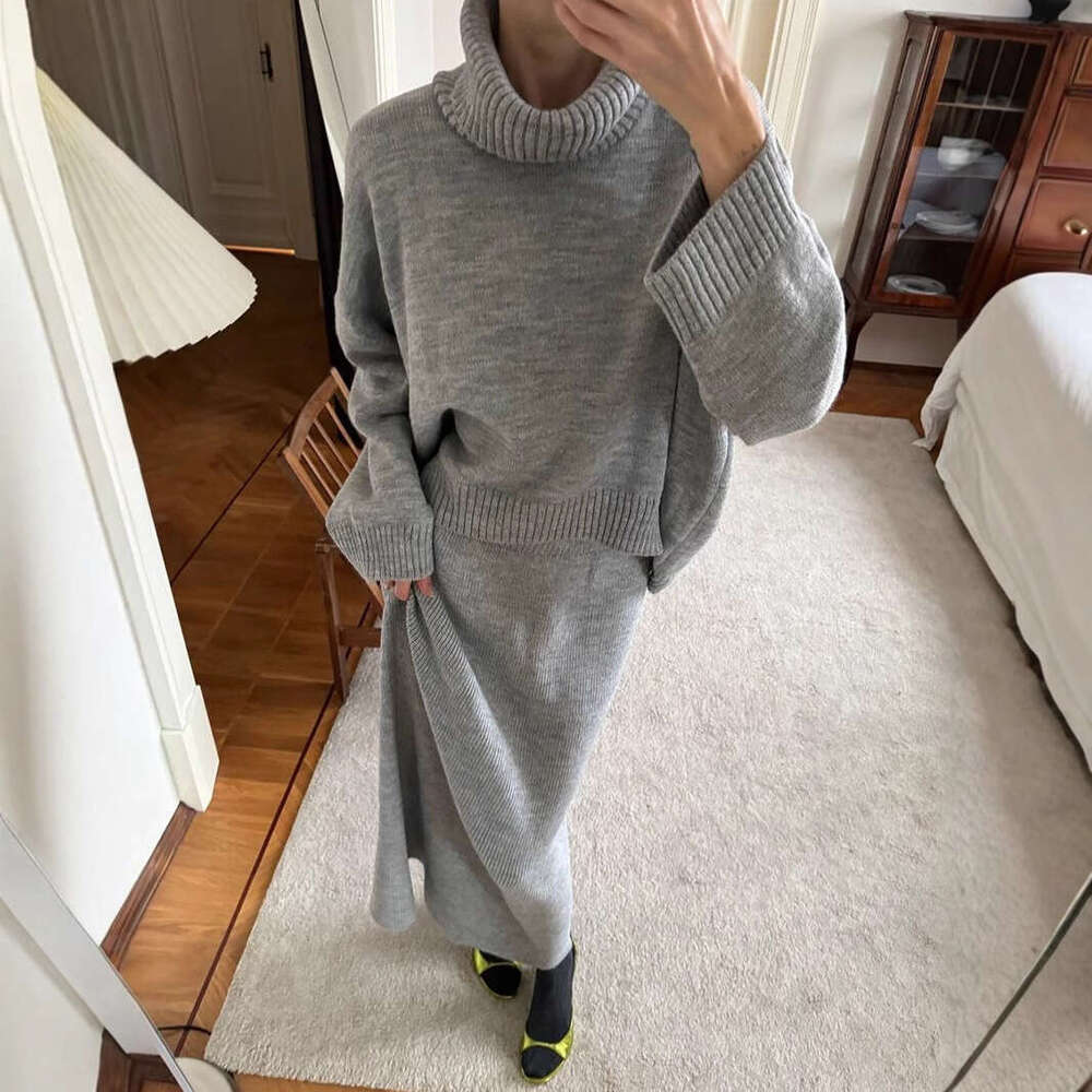 Turtleneck And Skirt Autumn Winter Loose Knitted Two-Piece Sweater Set For Women B5