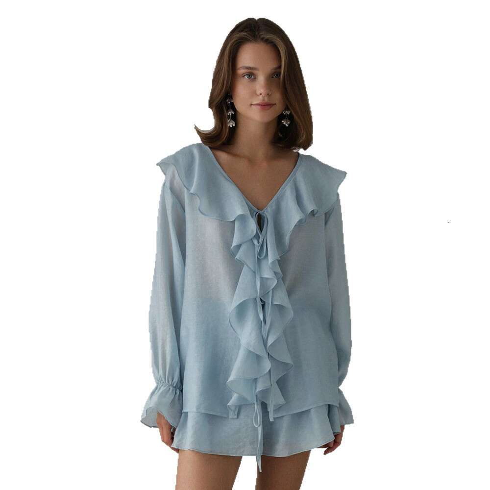 French Style V-Neck Ruffle Summer Tie Blouse And Shorts Set For Women B5