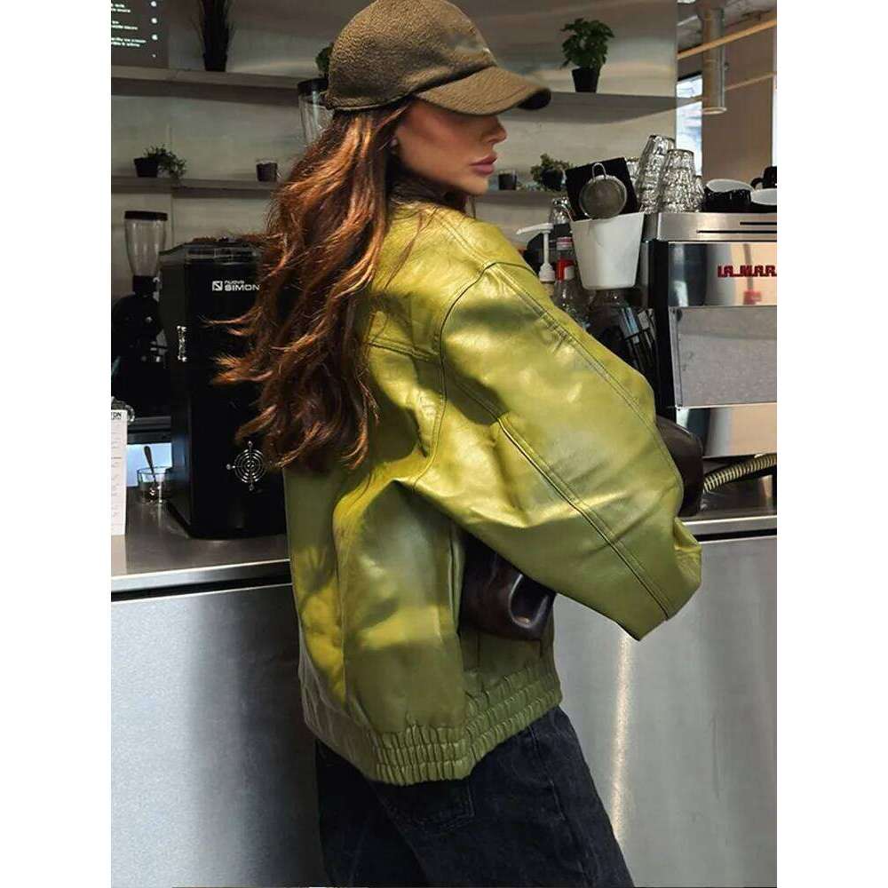 Fashion Lapel Collar Green Pu Leather Short Jackets For Women Locomotive Button Long Sleeve Coats Female 2024 Autumn Office Wear