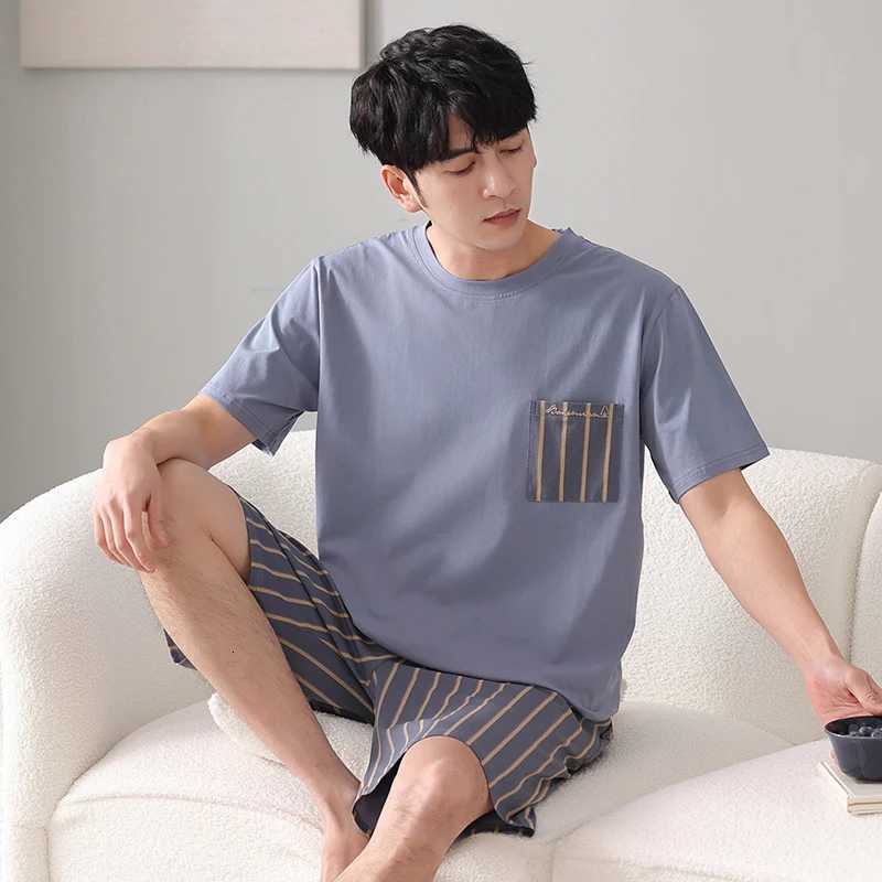 Men Pajamas Set Summer Short Sleeve Striped Casual Tracksuit Sleepshirt + Shorts 2-piece Pajamas Male 4XL 5XL 6XL 7XL Mens Pajamas W250717