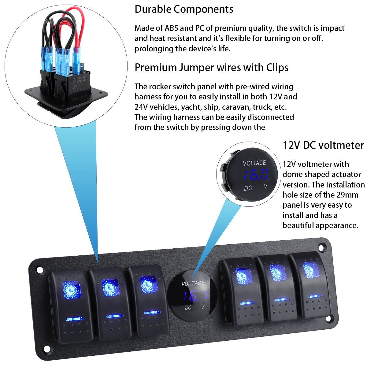 6 sets of rocker switch panels with voltmeter, suitable for cars, trucks, boats, and RVs (12V-24V)