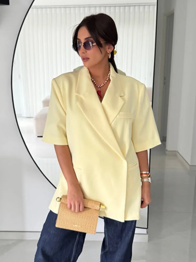 2025 Office Lady Solid Short Sleeve Lapel Blazer Jackets Women Casual V Neck Covered Button Suit Jacket Female Chic Street Coat 250715