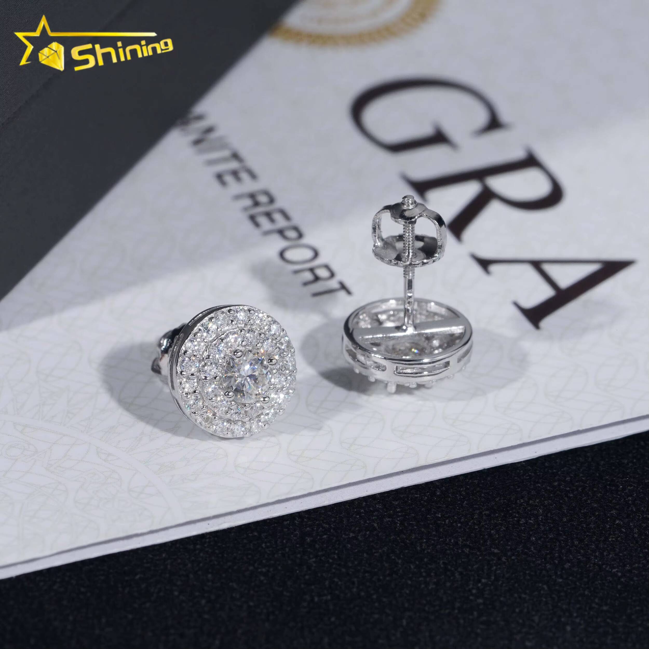 Pass Diamond Tester 925 Sterling Silver Round Cluster Iced Out Mens Moissanite Stud Earrings