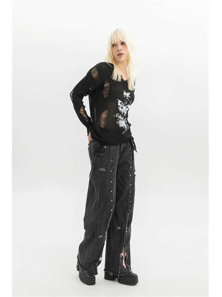 Women Clothing Black Gothic Jeans 90s Aesthetic Y2k Oversize Denim Trousers Vintage Harajuku Korean Emo 2000s Trashy Jean Pants R250716