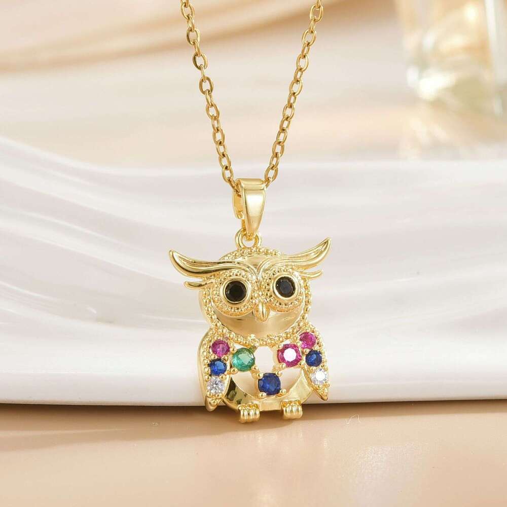 Colorful Zircon Owl Light Necklace For Women Clavicle Chain Jewelry Titanium Steel Accessories 1E1