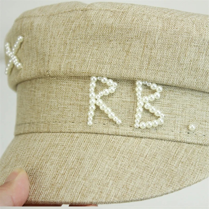 Women Pearls R B Letter Militray Hat Adjustable Flat Top sboy Caps Fashion Female Navy Hat Casual Gorras Mujer 250716