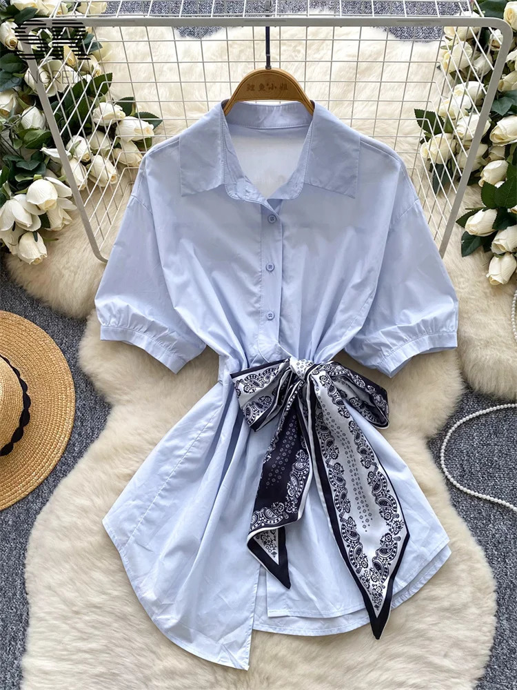 SINGREINY Womens Korean Simple Style Shirt Female Polo Neck Puff Sleeve Cross Lace Up Tops Summer Workwear Casual Loose Blouse 250704