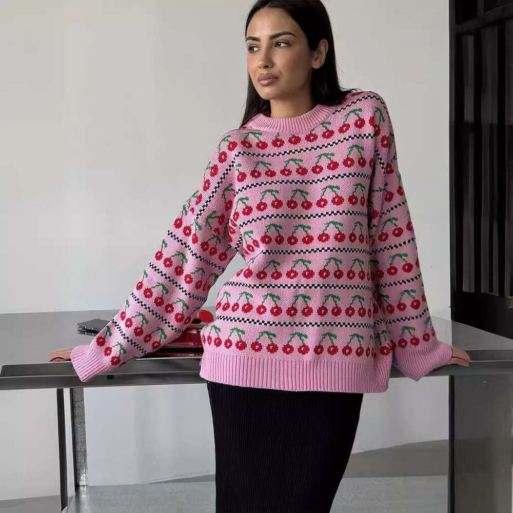Autumn New Mid-Length Knitted Cherry Round Neck Sweater B5