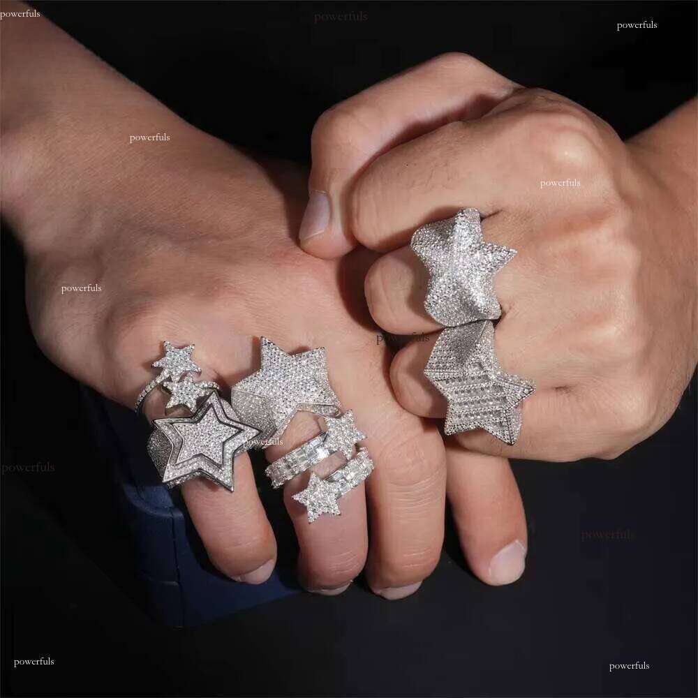 Hot Sale Instock Iced Out Star Moissanite Rings Sier Hip Hop Pass Dia Tester Fashion Men Cuban Ring