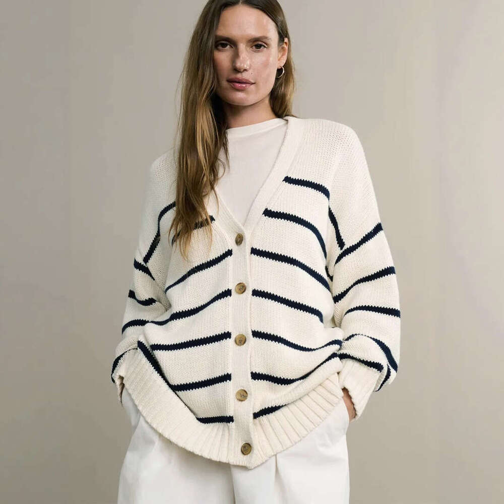 Knitted Autumn Winter New V-Neck Cardigan Pure Cotton Striped Sweater Women B5