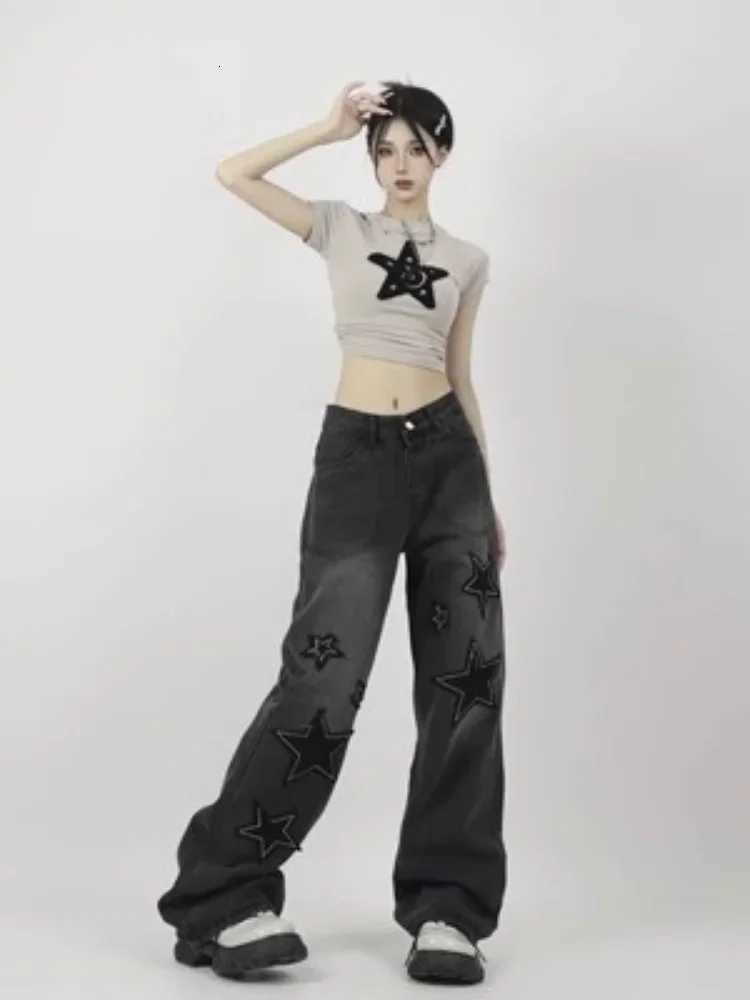HOUZHOU Y2K Goth Star Black Baggy Jeans Women Cyber Punk Retro 90s Streetwear Denim Pants Vintage Hippie Grunge Wide Trousers R250716
