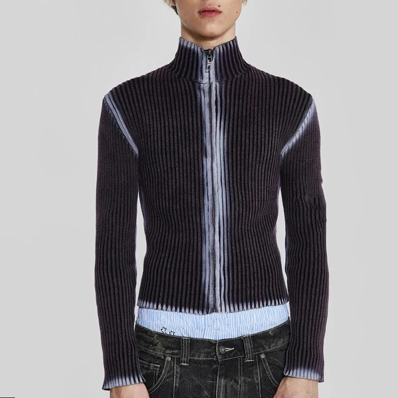 IEFB Streetwear Men Knitted Vest Pullovers Mens Turtleneck Sleeveless Sweater Zipper Tie-dye Clothing Summer Spring C3482 250716