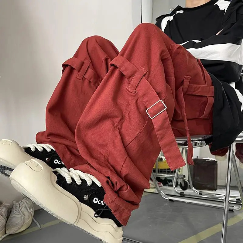 Spring Autumn Mens Clothing Solid Color Elastic High Waisted Pockets Casual Loose Fashion Trousers Cargo Preppy Style Pants 250715