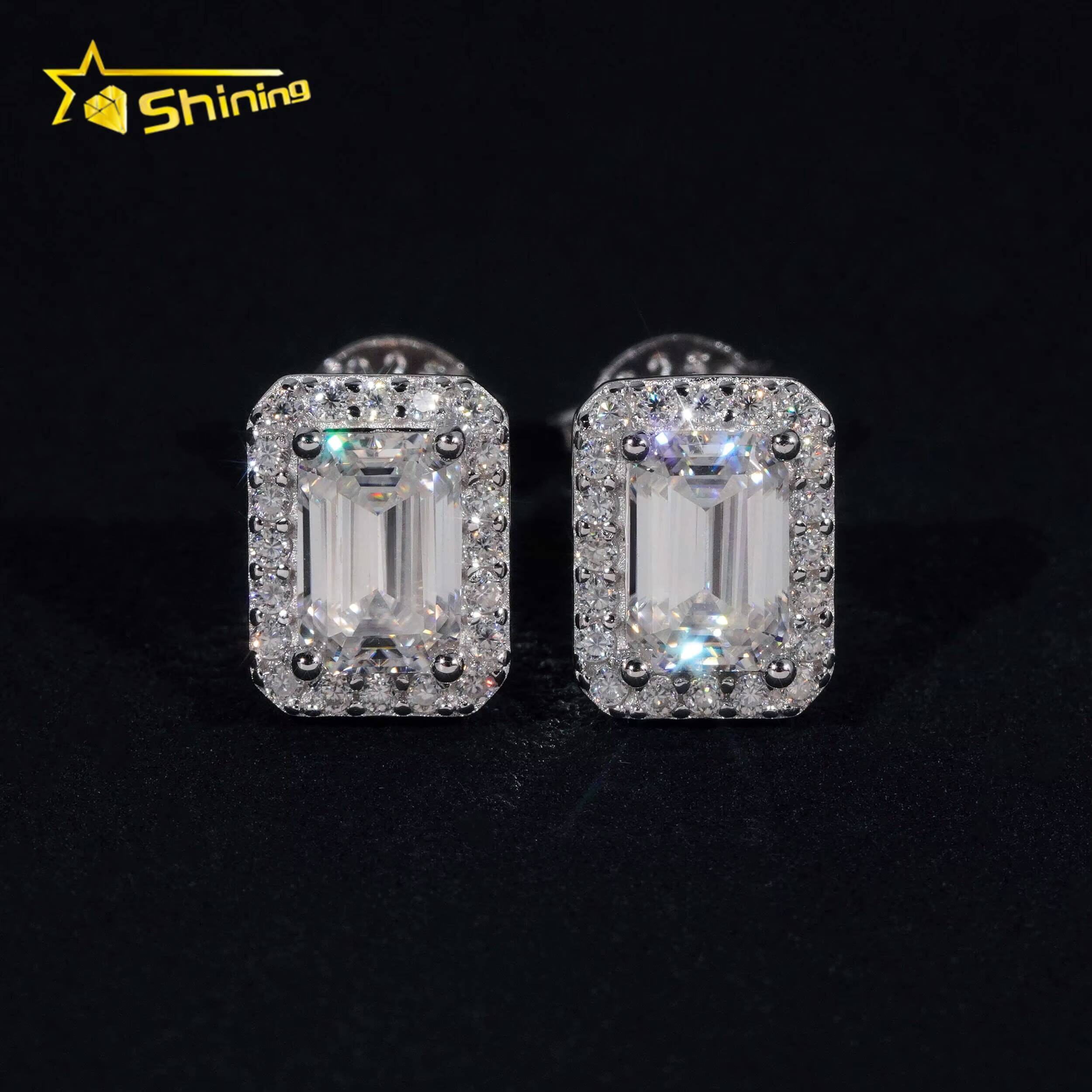 Emerald Cut Halo Earring Hip Hop Jewelry Iced Out VVS Diamond Moissanite White Gold Plated 925 Sterling Silver Stud Earrings