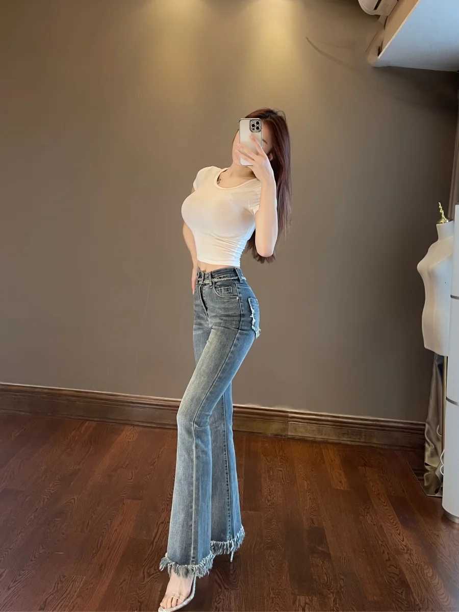 2023 New WOMENGAGA Tassel Flare Pants Jeans Slim High Waist Elastic Horseshoe Pants Denim Trousers Fashion Women Sexy K5BG R250716