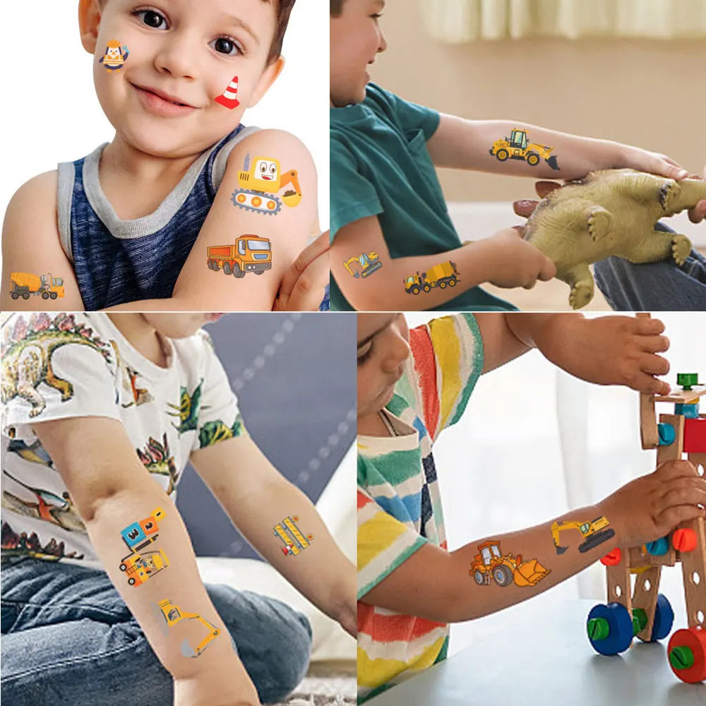 10 Sheets Children Cartoon Tattoo for Kids Engineering Vehicle Excavator Stickers Truck Waterproof Temporary Tattoos 250714