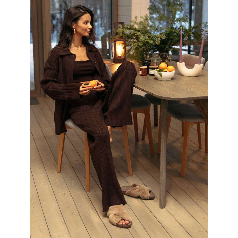 Knitted Autumn Ins New Ribbed Sweater Cardigan + Wide-Leg Pants Two-Piece Set B5