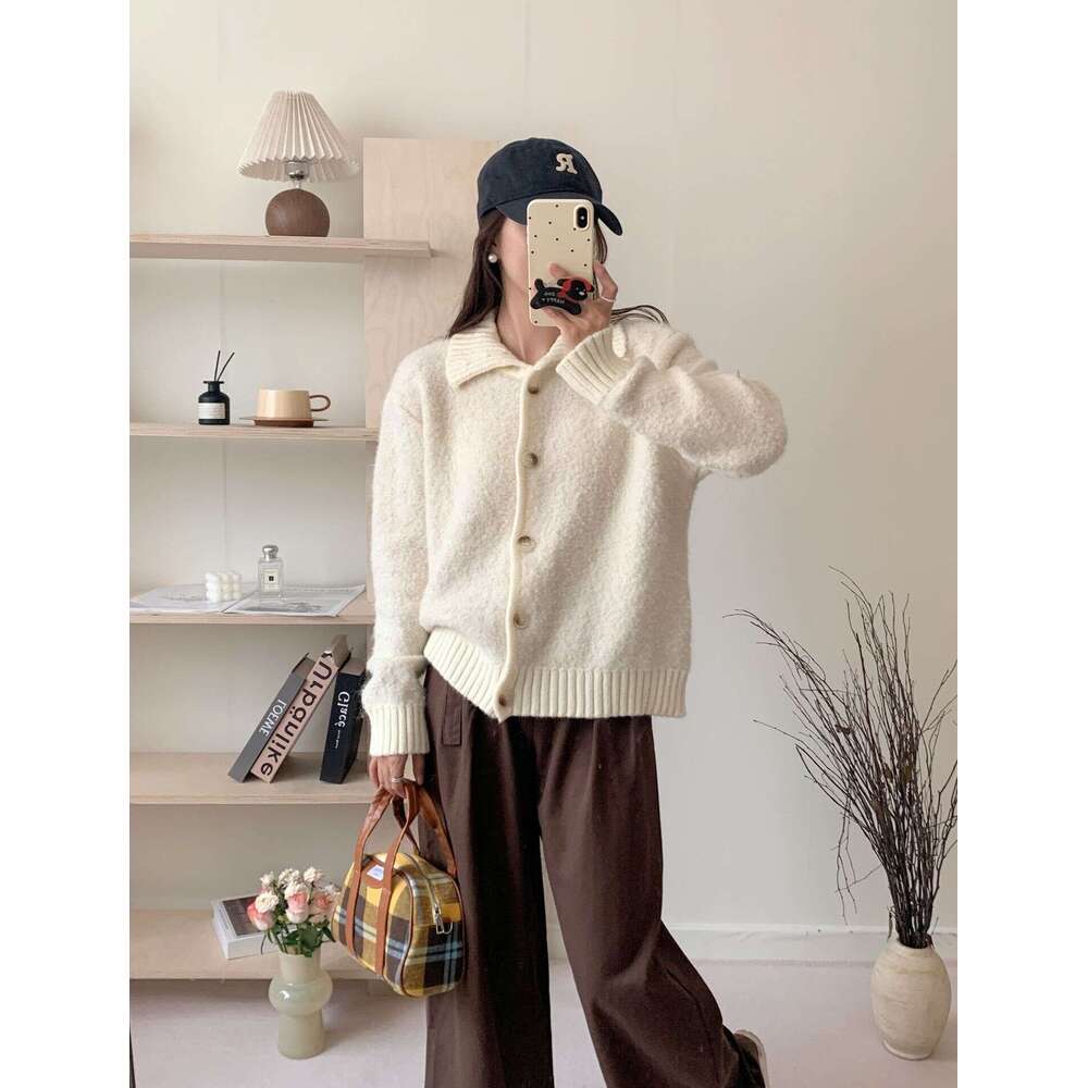 Caramel Color Fluffy Sweater Coat For Women Autumn Winter New Lazy Loose Turn-Down Collar Knitted Cardigan Top B5