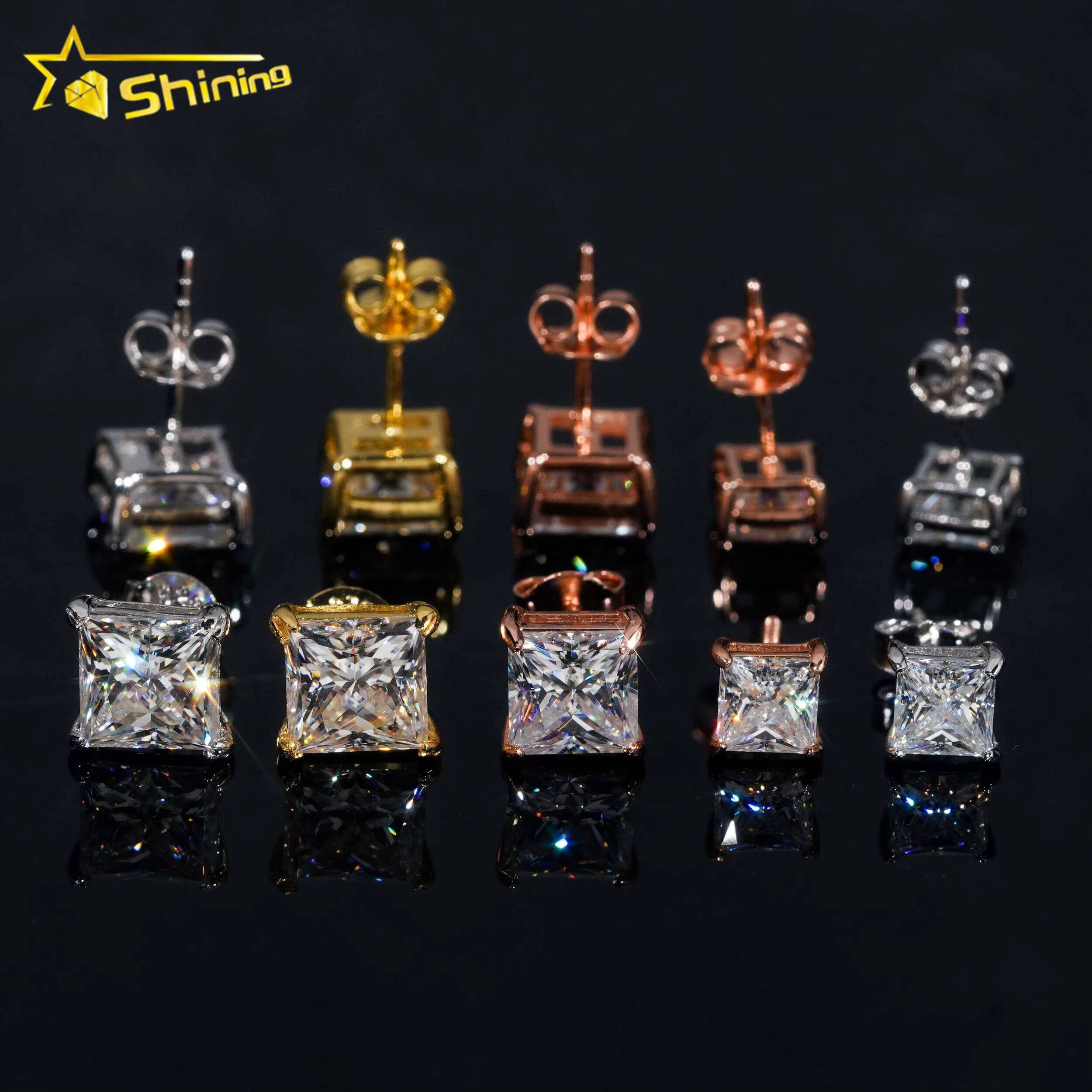 Factory Price GRA Certificated Moissanite Diamond Earrings Women 925 Solid Silver Solitaire Princess Cut Diamond Stud Earrings