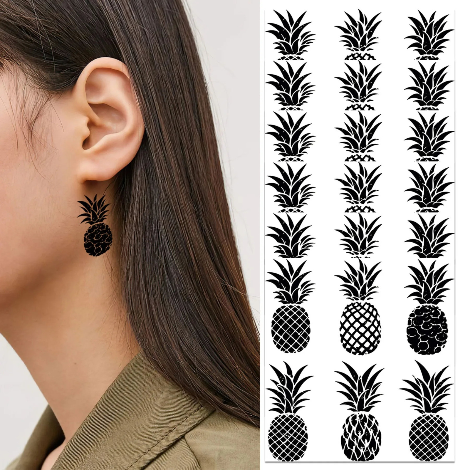 6 Sheets Temporary Tattoo for Men and Women Pineapple Black Hawaiian Hawai Summer 250714