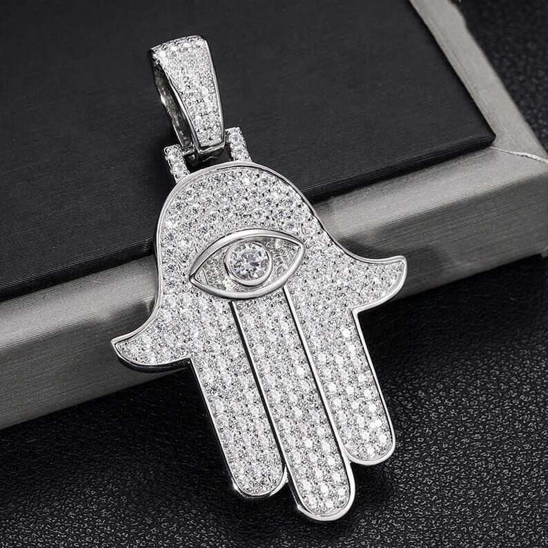 Hiphop Mossanite Sterling Sier Hamsa Hand Eye Fully Iced Out Men VVS Custom Moissanite Pendant