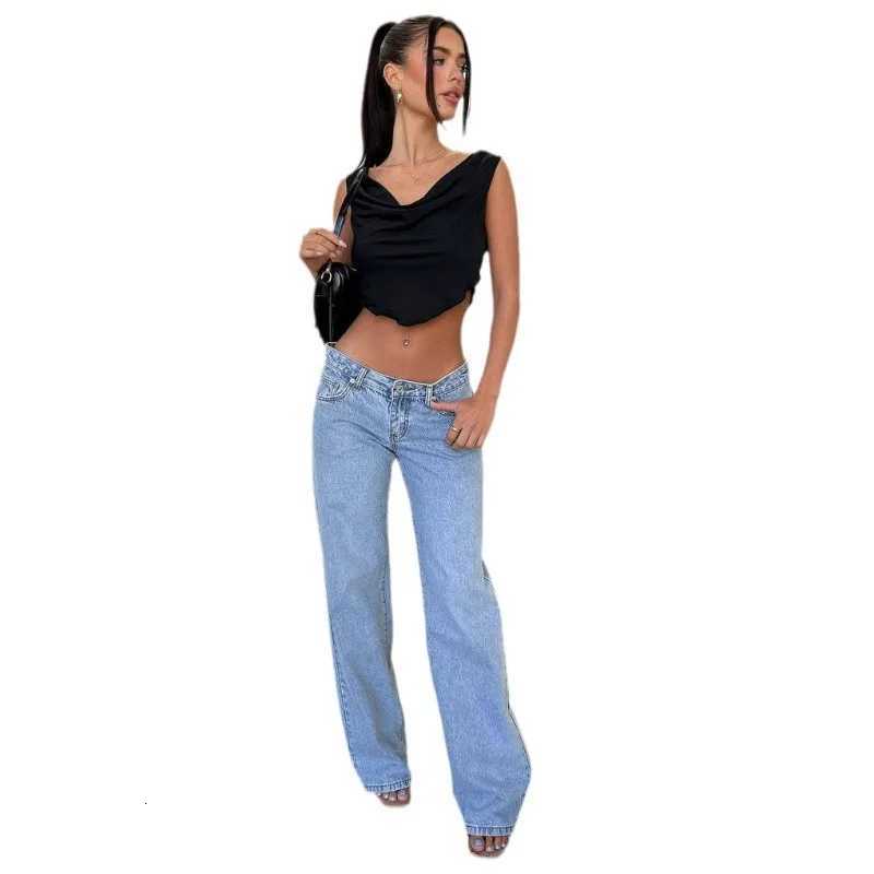 Fashion Casual Womens Spring Summer Y2k Light Blue Baggy Pants Low Waist Loose Fit Straight Leg Denim Pants with Pockets R250716