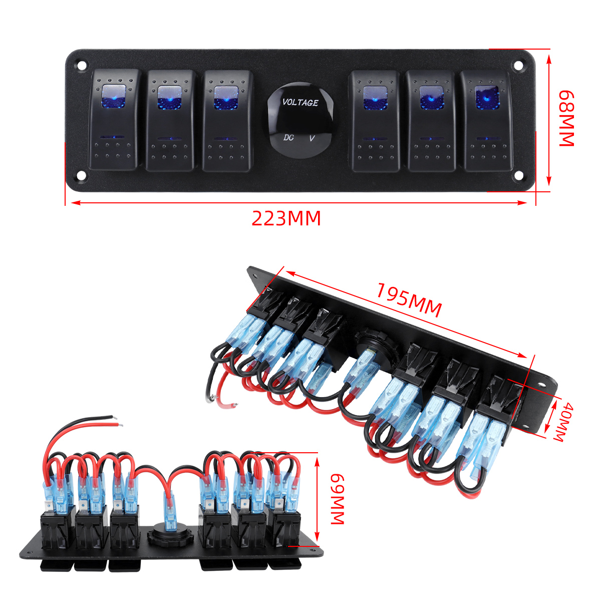 6 sets of rocker switch panels with voltmeter, suitable for cars, trucks, boats, and RVs (12V-24V)