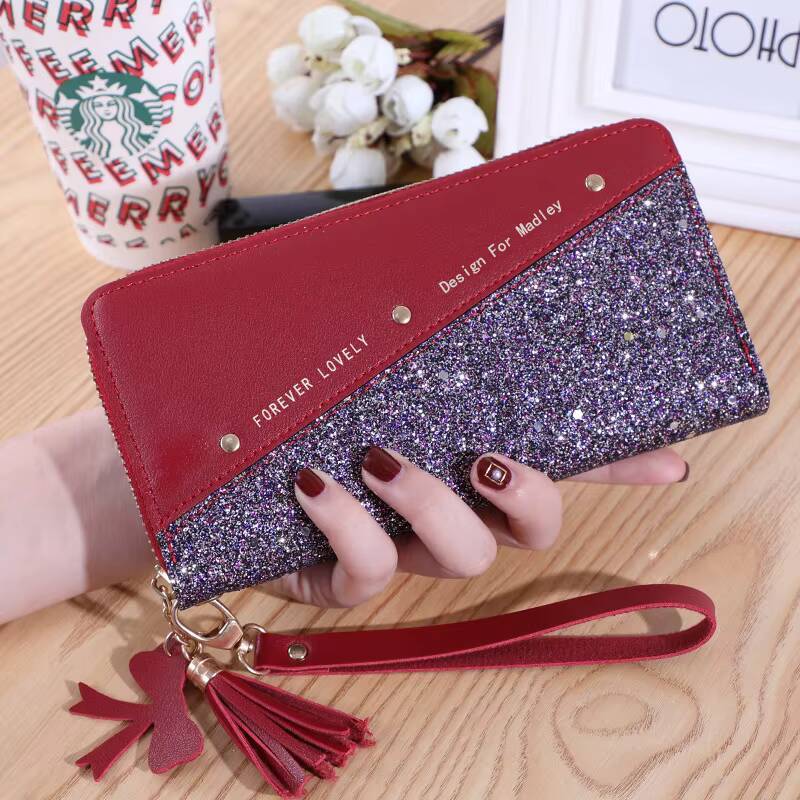 Fashion Womens Pu Leather Long Sequins Patchwork Glitter Wallet Coin Purse Female Wallets Girls Gifts Wholesale ddmynov